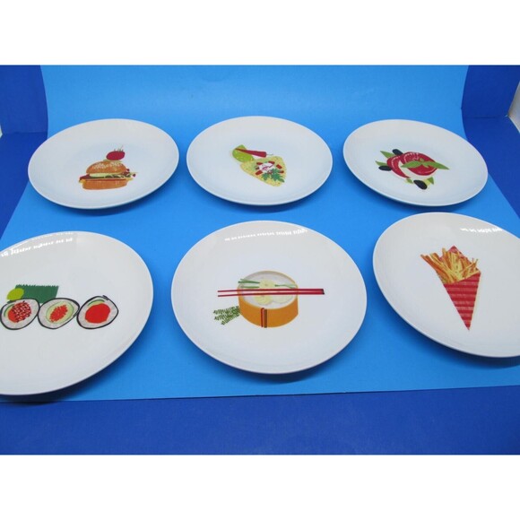 Crate And Barrel Snack 6.5" Appetizer Party Plates Burgers Fries Sushi Set Of 6 - Picture 1 of 10